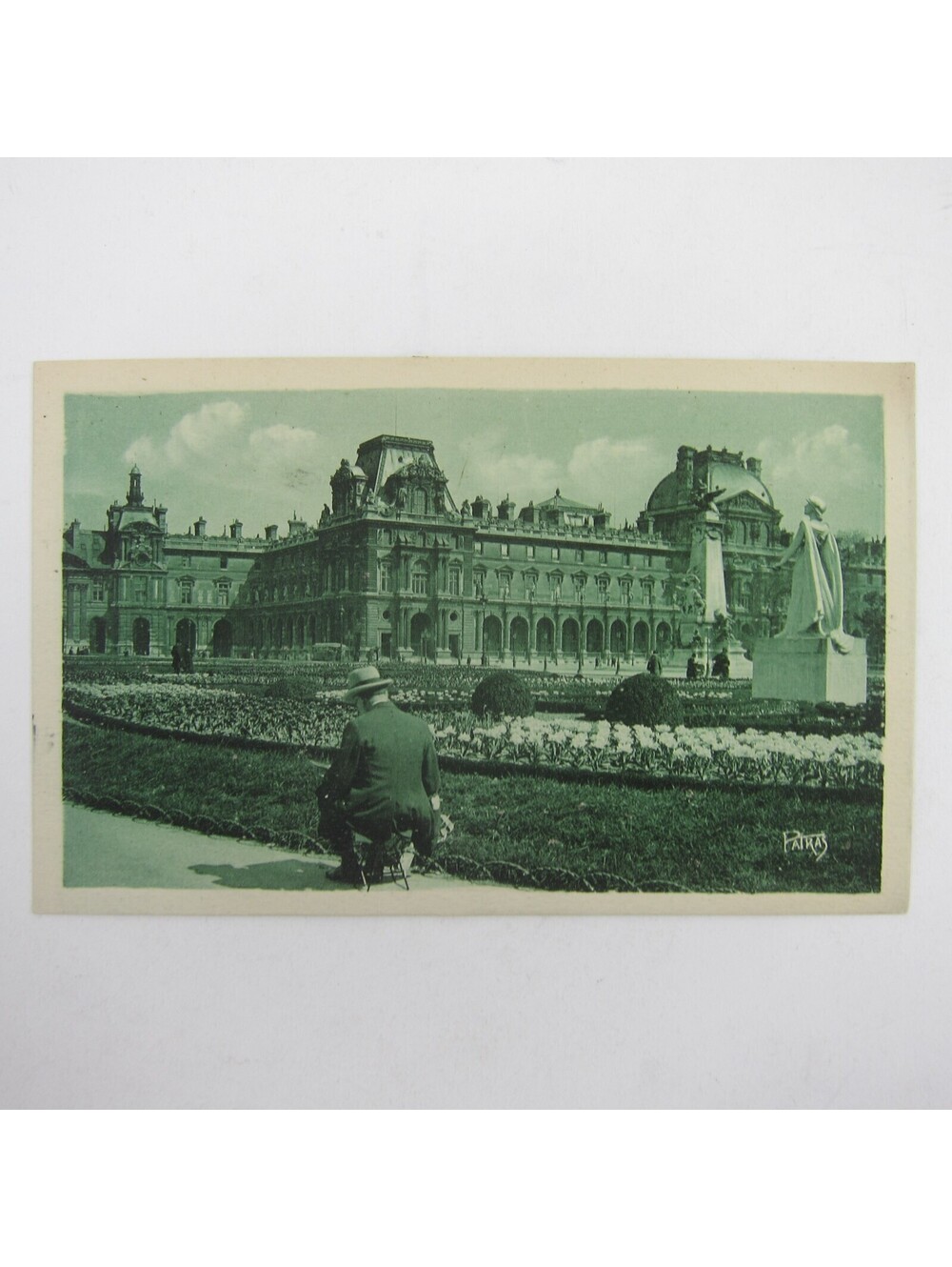 Postcard Paris France Tuileries Garden & the Louvre Museum Man Sits Antique RARE